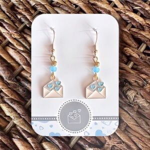 New Handmade Beaded Blue Hearts Love Letter Dangle Earrings (1.8" l x 0.5" w)